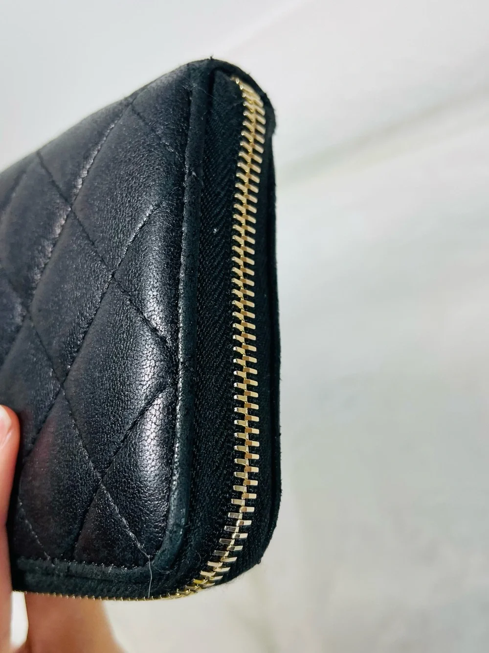 Chanel Authentic Quilted Black Leather Zip Wallet with Gold Chain Accent